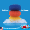 Be Clean. Be Happy. three plastic mesh scourers in blue, orange, and yellow stacked on soap suds