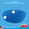 Lola long-lasting polypropylene knitted mesh scourers infographic, blue, labeled 3.375 in diameter and 1.25 in height