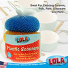 Lola Plastic Scourers 3-pack in blue net bag; cleans ceramic, pots, pans and glassware, safe for non-stick surfaces and coated cookware