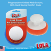 Lola Hand Saver Non-Scratch Scourer packaging with red polypropylene knitted mesh scourer and comfort knob for pots, dishes, sinks, tubs
