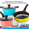 Lola non-scratch plastic mesh scourer in multiple colors near non-stick cookware; text: odor resistant, won't scratch coated cookware