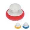 Lola plastic mesh scourer with hand-saving comfort knob, shown in red with yellow and blue color options
