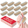 Lola Dual Purpose Hand & Nail Brush natural wood 12-pack in grid over retail display box with wood finish callout and nail scrubbing inset