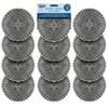 Lola Wire Mesh Scourers 12-pack with 12 round steel mesh pads in a grid, rust resistant for caked-on baked-on messes