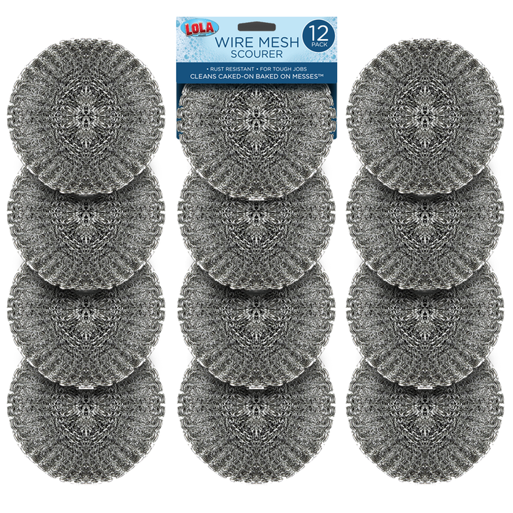 Lola Wire Mesh Scourers 12-pack with 12 round steel mesh pads in a grid, rust resistant for caked-on baked-on messes