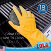 Gloved hand scrubbing grill grate with Lola wire mesh scourer; text: Great on hard-to-clean grills, 18 grams, American owned since 1969