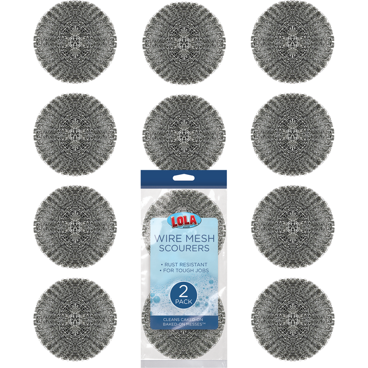 Lola Brand Wire Mesh Scourers 12-pack with 12 steel mesh pads in grid beside package reading Rust Resistant, For Tough Jobs, 2 Pack