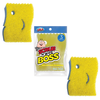 Lola Scrub N Wipe Boss 3-pack yellow smiley-face shaped dual-sided scrub sponges with package labeled Non-Scratch Scrubbing, Wipe Clean