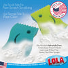 Infographic: Scrub side for non-scratch scrubbing; sponge side wipes clean; USA-made aqua and yellow-green foam sponges in suds