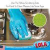 Infographic: Yellow scrubbing side for hard-to-clean stove top messes; tough fibers, gloved hand using sponge on gas burner