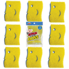 Lola Scrub N Wipe Boss 9-count yellow smiley-face dual-sided scrub sponges arranged 3x3 around Scrub N'Wipe Boss 3-Pack package