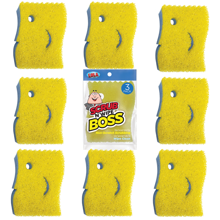 Lola Scrub N Wipe Boss 9-count yellow smiley-face dual-sided scrub sponges arranged 3x3 around Scrub N'Wipe Boss 3-Pack package