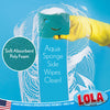 Infographic: Aqua Sponge Side Wipes Clean, soft absorbent poly foam gloved hand using aqua sponge side to wipe surface
