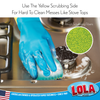 Yellow scrubbing side for hard-to-clean stove top messes; gloved hand using sponge with tough fibers on gas burner