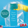 Infographic: Aqua Sponge Side Wipes Clean! Soft absorbent poly foam, gloved hand uses aqua sponge side to wipe soap suds streak.
