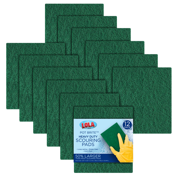 Lola Pot Brite Heavy Duty green scouring pads 12-pack, 50% larger, won't rust, rinses clean, 5.87 x 5.87 x 0.31 in