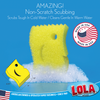 Scrub Boss sponge scrubbing a pan, temperature-responsive non-scratch dish scrubber for cookware