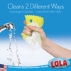 Scrub Boss sponge features, firm in cold water for tough scrubbing, soft in warm water for gentle cleaning