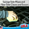 Infographic: Sponge side wipes, fiber side cleans and scours; hand uses green fiber side of yellow sponge to scrub gas stove grates