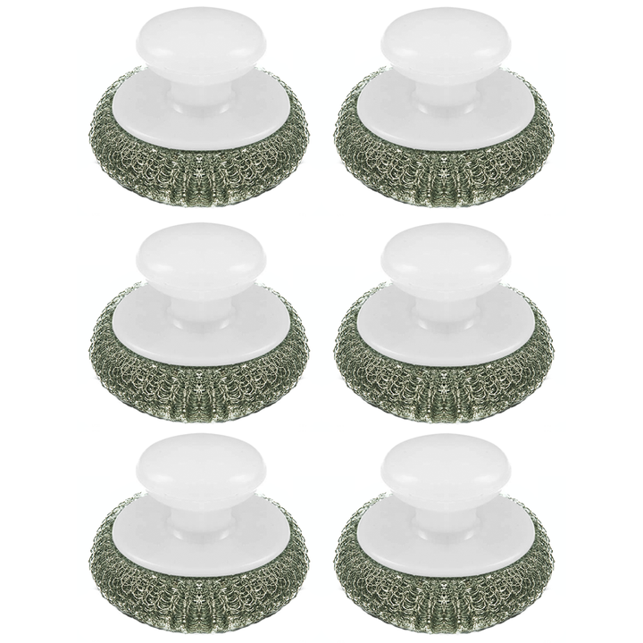 Lola Wire Mesh Scourer with Hand Knob No. 399 6-pack, galvanized wire mesh scourers with white plastic ergonomic knob handles in 2x3 grid
