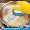 Infographic: cuts through caked-on, baked-on messes; gloved hand uses wire mesh scourer with white knob on skillet