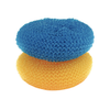 Lola Jumbo Plastic Mesh Scourers 2-pack, blue and yellow stacked donut-shaped polypropylene knitted mesh