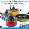 Assorted pots and pans illustrating cookware use for LOLA polypropylene knitted mesh scourers.