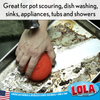 Plastic mesh cleaning scourers are odor and rust proof, yellow scourer shown scrubbing a cup