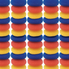 Lola jumbo plastic mesh scourer 144-pack: tight grid of stacked round donut-shaped scourers in assorted blue, red, and yellow