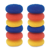 Lola jumbo plastic mesh scourer 12-pack: two stacks of six round donut-shaped mesh scourers in assorted blue, red, yellow