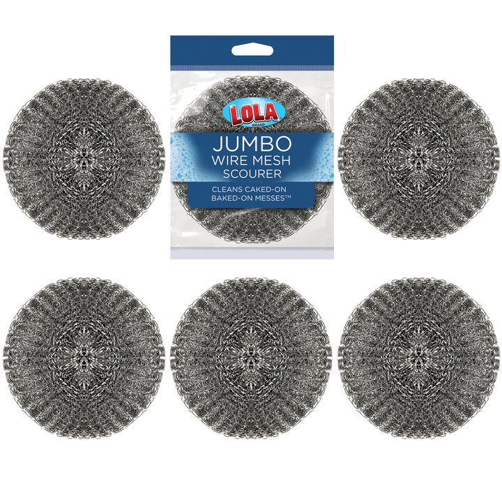 Six Lola Jumbo Wire Mesh Scourers around retail package; round silver stainless steel mesh balls clean caked-on baked-on messes