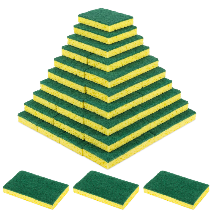 Lola Cellulose Sponge and Scourer 144-count bulk case, pyramid stack of yellow sponges with green scouring pads and three in front