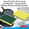 Lola dual-use Cellulose Sponge and Scourer: green side scrubs cast iron pan, yellow sponge side washes white dishes