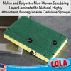 Single sponge scourer with measurement callouts; nylon/polyester scrub layer, natural biodegradable cellulose sponge, 4.4 x 2.8 x .75 in