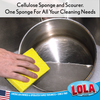 Hand scrubbing stainless steel pot with yellow cleaning sponge; text: Cellulose Sponge and Scourer, American owned since 1969