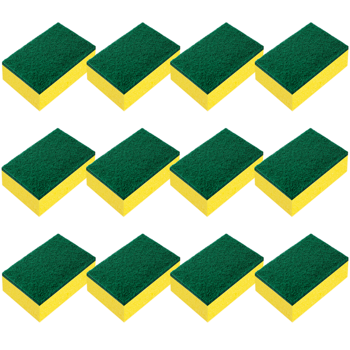 Lola Pot Brite Scour-N-Sponge 421 12-pack: 12 yellow and dark green flat rectangular sponges arranged in a 3x4 grid