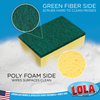 Lola Scour-N-Sponge with two labeled sides: green fiber scrubs hard messes, poly foam wipes surfaces clean; American owned since 1969