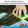 Dual-sided cleaning sponge with green fiber side to scrub hard-to-clean messes and poly foam side to wipe surfaces clean