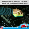 Scour-n-Sponge cleaning sponge scrubbing inside an oven with green fiber scouring side for oven cleaning