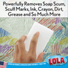 Lola Rubaway Eraser Pads remove soap scum, scuff marks, ink, crayon, dirt and grease; hand scrubbing crayon-covered wall