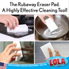 Lola Rubaway Eraser Pad cleaning a white surfaces, stovetop grate, stainless steel pan, glass surface, and tile backsplash