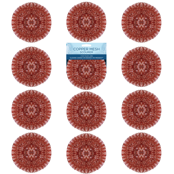 Six round flat copper-colored wire mesh scouring pads in a 2x3 grid, showing 12-piece copper wire scourer pack