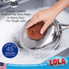 Hands scrub baking pan with flat copper wire mesh scourer; Long Lasting, Odor Resistant, Drys Easily, 100% Recyclable, US owned since 1969