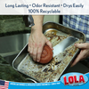 Two hands scrub pan with Lola copper mesh scourer; text: long lasting, odor resistant, dries easily, 100% recyclable, American owned.