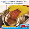 Gloved hand using a Lola copper mesh scourer on a stainless steel bowl at sink; text: copper coated knitted flat wire mesh, heavy duty