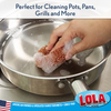 Hand scrubbing stainless steel frying pan with Lola copper mesh scourer and suds; text: cleans pots, pans, grills, American-owned since 1969