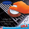 Lola copper mesh scourer with knob used on charred grill grate; text: odor resistant, great on grills, American owned since 1969
