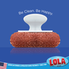 Copper mesh scourer for kitchen cleaning with white ergonomic knob and Be Clean. Be Happy. tagline