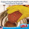 Lola Jumbo Copper Mesh Scourer cleaning a stainless steel pot with a rubber-gloved hand