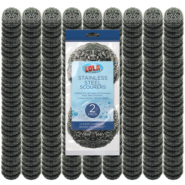 Lola Brand Stainless Steel Scourers 2-pack retail packaging with stacked silver steel wool scrubbing balls for pots and pans, will not rust